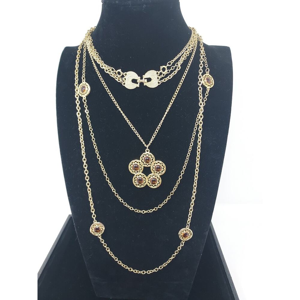 Vintage Celebrity Layered Pendant Necklace Amber Color Gold Tone Wear 3 Ways